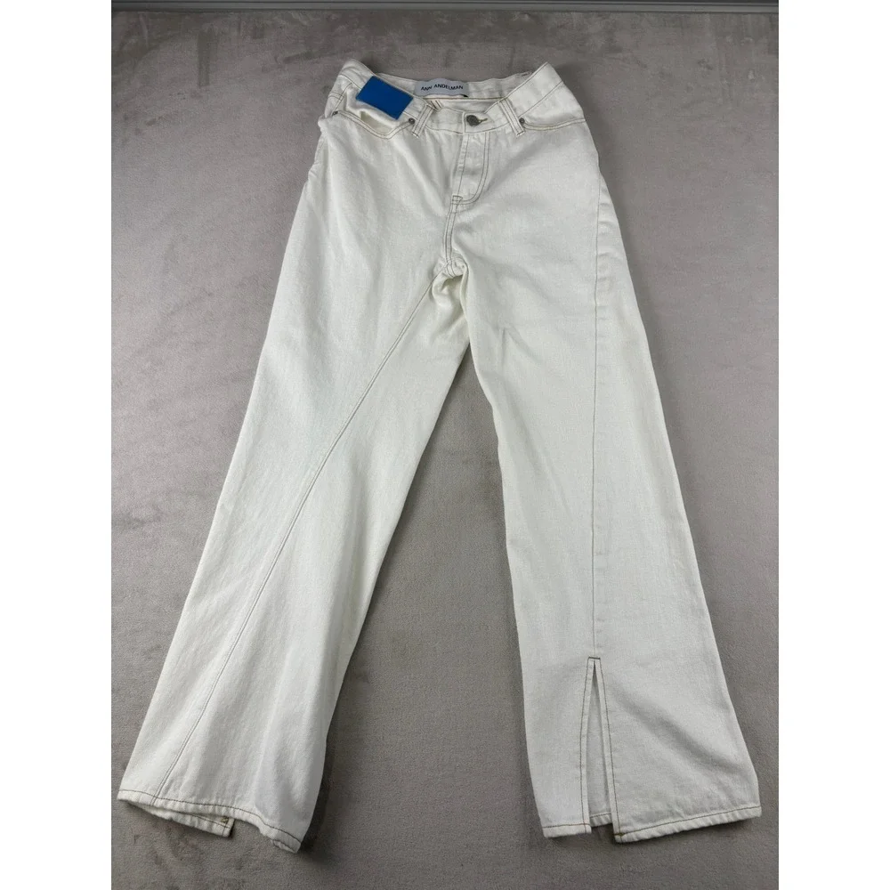 Ann Andelman White Wide Leg Split Hem Denim Jeans Asymmetrical Seams Womens